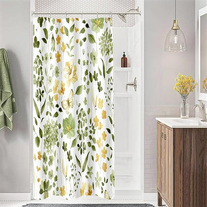 Small Stall Shower Curtain 36 x 72 Inch, Half Narrow Olive Green Floral Shower Curtains for Bathroom, Watercolor Flower Butterfly Fabric Shower Curtain Set with Hooks