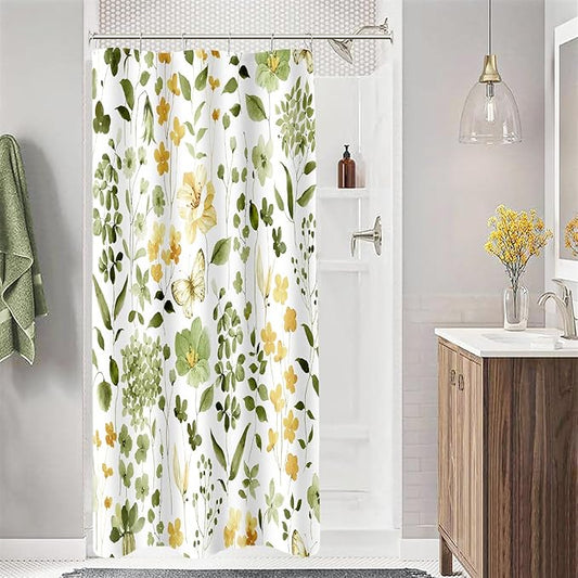 Small Stall Shower Curtain 36 x 72 Inch, Half Narrow Olive Green Floral Shower Curtains for Bathroom, Watercolor Flower Butterfly Fabric Shower Curtain Set with Hooks