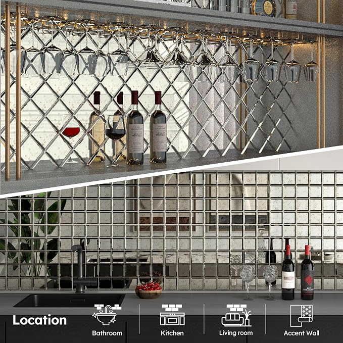 Peel and Stick Mirror Backsplash, Light Antique, 3x3 Inch, Beveled Mirror Square Kitchen Bar Wall Tile (2 Sq.ft, 32 Pcs)