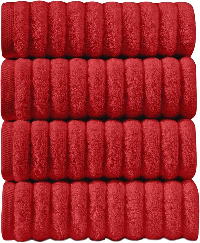 Elegant Comfort Luxury 100% Turkish Cotton Corduroy Ribbed 4 Pack Hand Towel Set 16 x 28 Inch - Absorbent, Super Soft, Quick Dry, Premium Towels for Bathroom, Gym, Spa and Hotel Use, Red