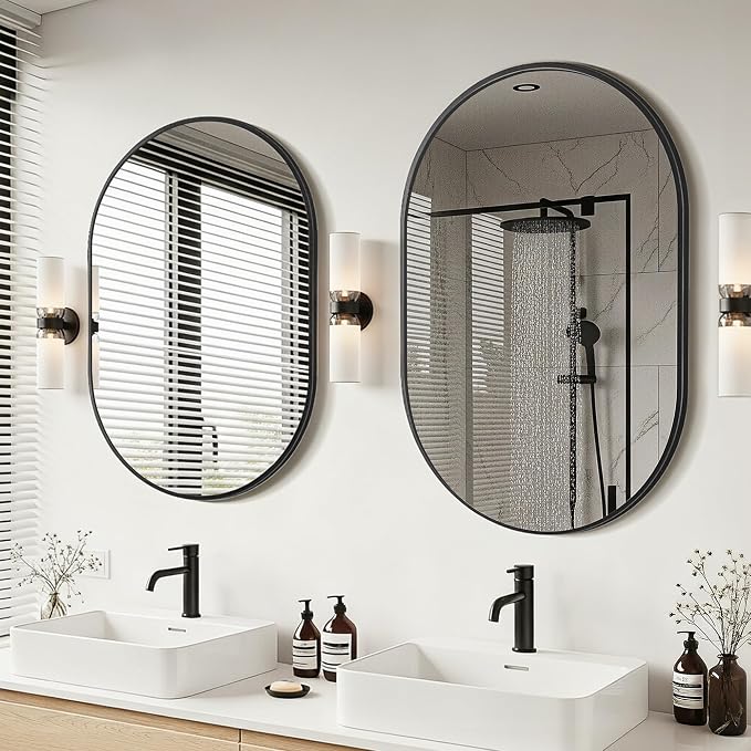 Black Oval Bathroom Mirror for Over Sink, 2 Pack 24"x36" Wall Mirror | HD Shatterproof Glass, Metal Framed, Oval Vanity Mirrors for Bathroom, Bedroom, Living Room, Entryway, Horizontal or Vertical
