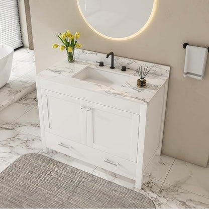 Montary 42" Bathroom Vanity with 43" Sintered Stone Carrara White Top, Modern Stylish MDF Bathroom Storage Cabinet, Vanity Set with 2 Doors and One Large Divided Drawer, White (Three Holes)