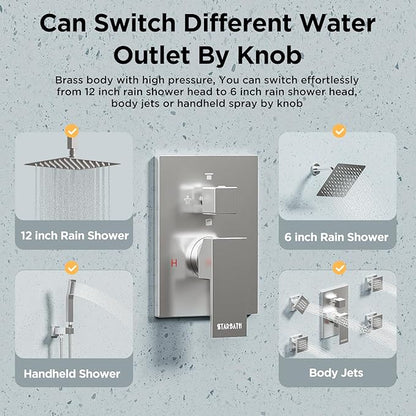 Shower Systems with 4 Body Spray Jets, STARBATH 4 Way 12+6" Rainfall Shower Head with Handheld Combo, Ceiling Mounted Shower Jets System in Wall Shower Faucet Sets Complete, Brushed Nickel