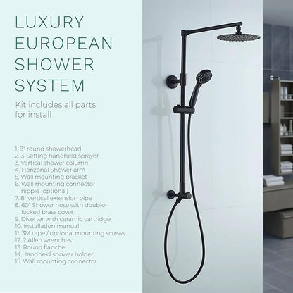 Fennocasa Polaris 3 Rain Shower System, 8” Rainfall Shower Head and Handheld Shower Combo, includes 3-Setting Handheld Spray, Height Adjustable Shower Wand Holder, 60” Hose (2.5 GPM Matte Black)