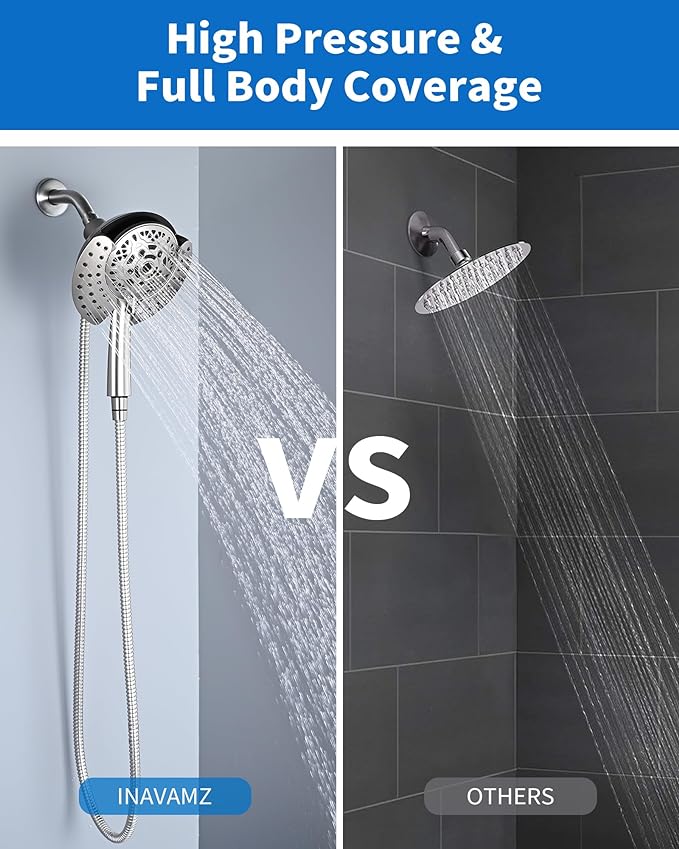 2 in 1 Shower Head with Handheld Combo High Pressure Nickel 1.8 GPM | 7.2" Rain Showerhead and 10 Spray Hand Held Shower, Adjustable Shower Angle, 59-inch Rotatable Stainless Steel Hose