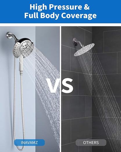 2 in 1 Shower Head with Handheld Combo High Pressure Nickel 1.8 GPM | 7.2" Rain Showerhead and 10 Spray Hand Held Shower, Adjustable Shower Angle, 59-inch Rotatable Stainless Steel Hose