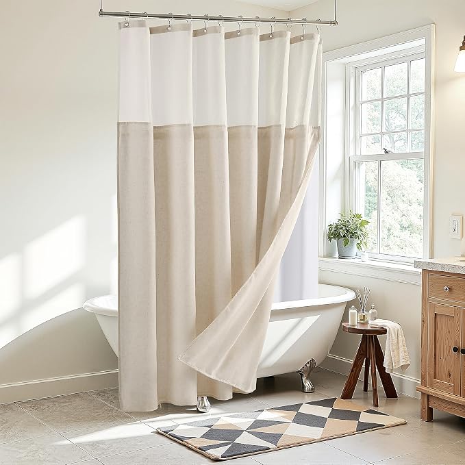 Linen Shower Curtain 78 Inch for Bathroom Birch Beige Double Layer | Curtains with Hook for Bathroom, Snap in Liner, Water Repellent, Boho Farmhouse, Modern Bath Decor, 1 Panel, 72x78