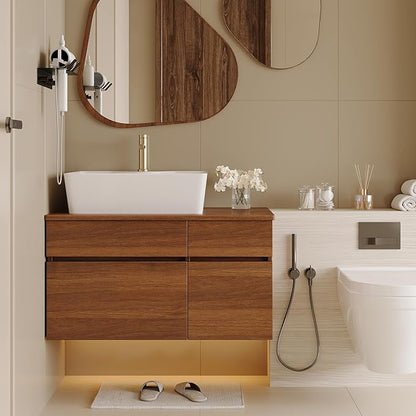 32" Floating Bathroom Vanity with Single Sink, Modern Wall Mounted Bathroom Vanities with Above Ceramic Basin, Wood Bathroom Vanity Cabinet with 1 Drawers and 2 Storage Cabinets, Walnut