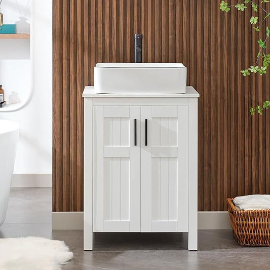 UEV White 24" Bathroom Vanity with Sink Combo,Modern Freestanding Sink Cabinet,Stylish Bathroom Vanity Cabinet,Grooved Double Doors,Metal Handles,with Modern Artistic Ceramic Vessel Sink Combo(031WH)