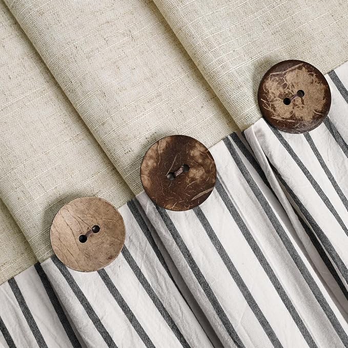 DOSLY Ides Farmhouse Shower Curtain, Beige and Black Stripe, Button Curtain, Linen and Cotton Woven Fabric, Rustic Charm Country Chic Style, 72x84 in