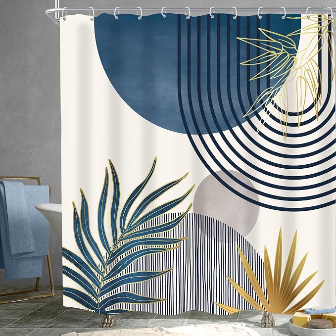 Mid Century Boho Abstract Modern Sun Minimalist Bathroom Shower Curtain Set | 72Wx72L Arch Curve design, waterproof HD print with fast-drying fabric and 12 hooks.
