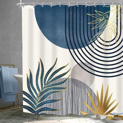 Mid Century Boho Abstract Modern Sun Minimalist Bathroom Shower Curtain Set | 72Wx72L Arch Curve design, waterproof HD print with fast-drying fabric and 12 hooks.