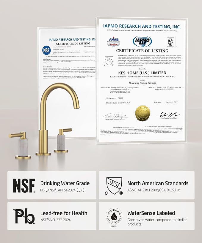 KES Natural Italian Carrara Marble Brushed Gold Bathroom Faucet 3 Hole with All Metal Pop Up Sink Drain, 8 Inch Widespread Bathroom Sink Faucet for Vanity, 360° Swivel Spout, 18/8 Stainless Steel