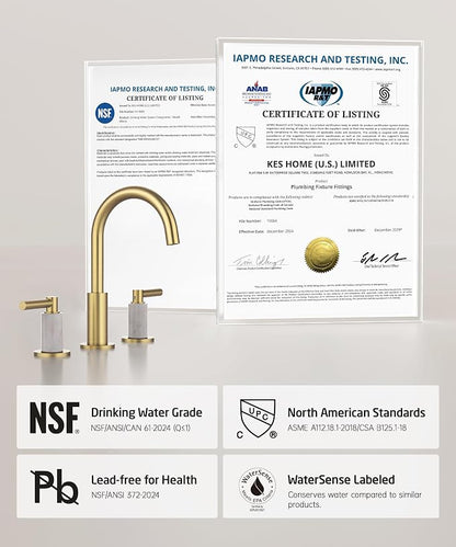 KES Natural Italian Carrara Marble Brushed Gold Bathroom Faucet 3 Hole with All Metal Pop Up Sink Drain, 8 Inch Widespread Bathroom Sink Faucet for Vanity, 360° Swivel Spout, 18/8 Stainless Steel