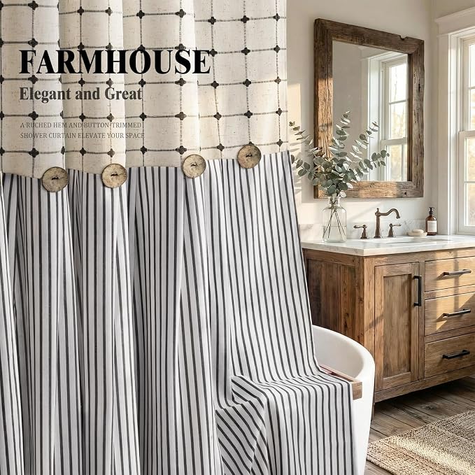Farmhouse Shower Curtain Button Plaid-Beige-Black Stripe 72"W x 72"L | Farmhouse Style, Chic Button, Striped, Linen Fabric, Rustic, Country, Natural Look, Washable, for Bathroom Bathtub