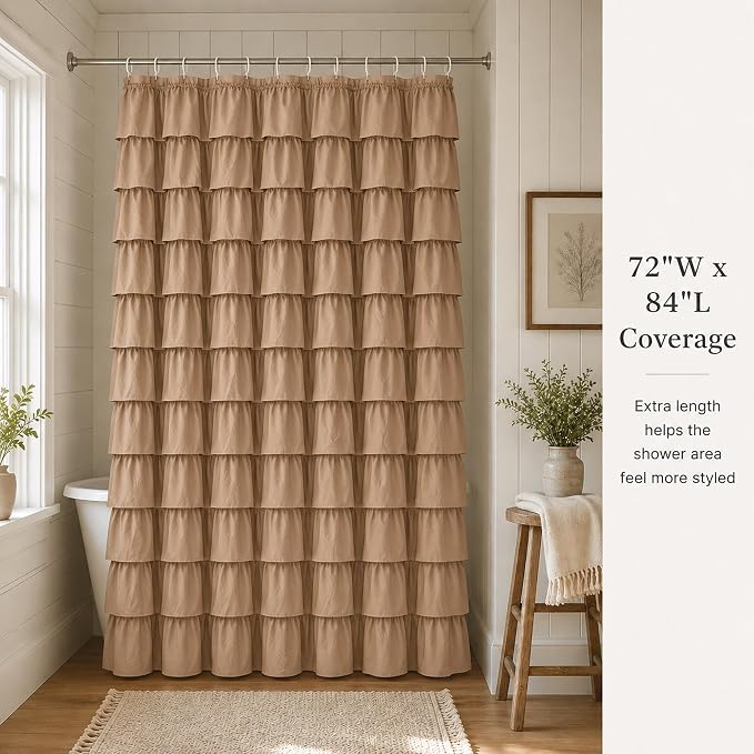 Brown Ruffle Shower Curtain, Chocolate Farmhouse Design for girls, Elegant Privacy & Cute Luxury Ruffled, Boho Bathroom Decor, Bath Curtains, Vintage Taupe, Modern Country Style, 72 x 84 inch