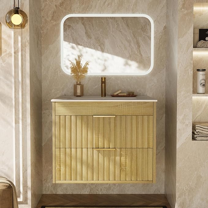 24" Bathroom Vanity with Sink, Floating Bathroom Vanity with 2 Fluted Drawers & Metal Handle, Wall Mounted Cabinets with Integrated Ceramic Sink for Apartment, Home, Wood Grain