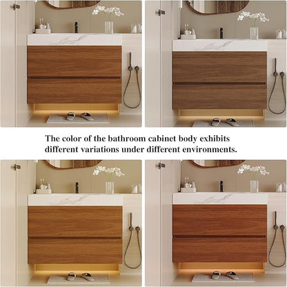 30 inch Modern Floating Bathroom Vanity with Ceramic Sink and Faux Marble Countertop, Wall-Mounted Bathroom Sink Cabinet with 2 Soft Closing Drawers for Bathroom, Powder Room, Apartment, Walnut