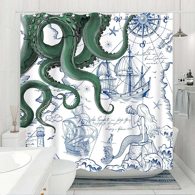 Fungarth Green Nautical Octopus Shower Curtain Navy Blue Mermaid Funny Ocean Kraken Shower Curtains for Bathroom Anchor Coastal Map Waterproof Fabric Bath Curtain Decor with Hooks (Green, 72” x 72”)