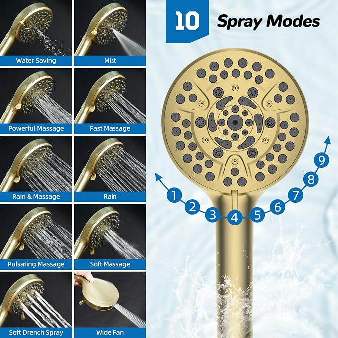 Hibbent 5-spray Dual Filtered Rainfall Shower Head with 10 Spray Handheld | High Pressure 13'' Showerhead Combo, Easy Reach 4-way Diverter Arm with Pause Mode, 71'' Hose & Holder, Brushed Gold