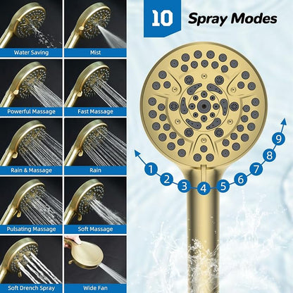Hibbent 5-spray Dual Filtered Rainfall Shower Head with 10 Spray Handheld | High Pressure 13'' Showerhead Combo, Easy Reach 4-way Diverter Arm with Pause Mode, 71'' Hose & Holder, Brushed Gold