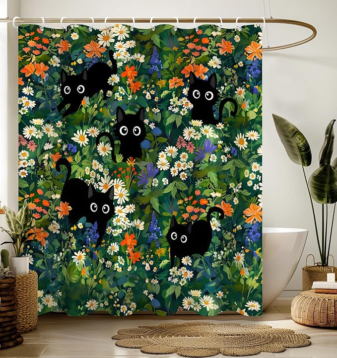Shower Curtain for Bathroom Stall Boho Modern Cute Aesthetic Decorative Girly Waterproof Unique Cats Flowers Girls Chic Print Design Teen Pretty Women Cortinas de Baño Bathtub 72 x72 Inch
