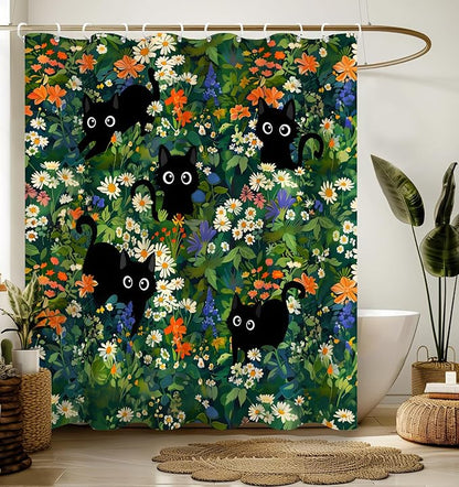 Shower Curtain for Bathroom Stall Boho Modern Cute Aesthetic Decorative Girly Waterproof Unique Cats Flowers Girls Chic Print Design Teen Pretty Women Cortinas de Baño Bathtub 72 x72 Inch