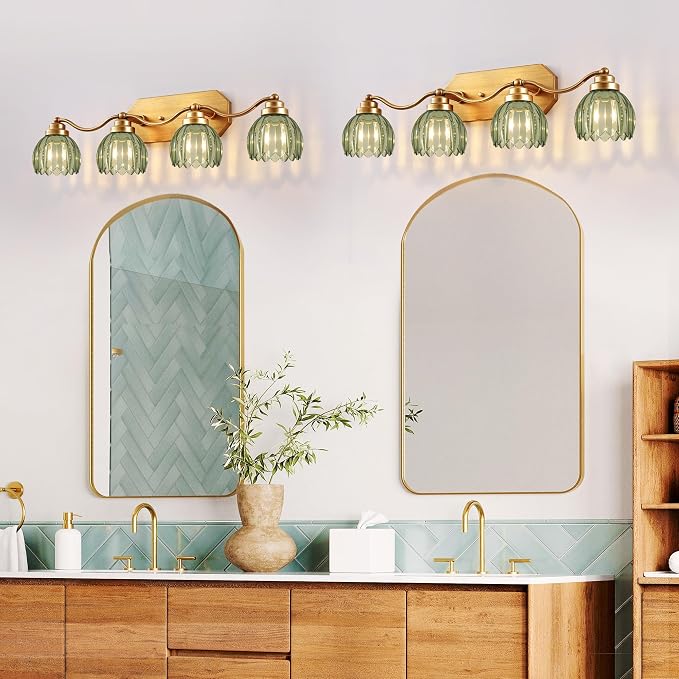 Gold Vanity Light, Vintage Tulip Green Glass Shade, Antique Brass Finish | 4 Light Brushed Gold Bathroom Light Fixtures, Crystal Wall Sconce, Mounted Over Mirror for Bedroom Hallway, Easy to Install