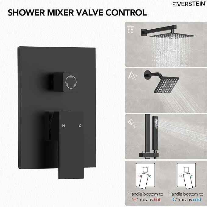 10" High-Pressure Rainfall Shower Faucet with Handheld Spray, Wall Mount Dual Shower Head System with Slide Bar (Matte Black)