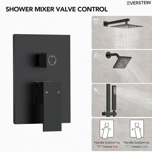 10" High-Pressure Rainfall Shower Faucet with Handheld Spray, Wall Mount Dual Shower Head System with Slide Bar (Matte Black)