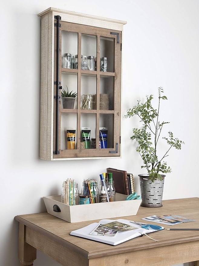 Kate and Laurel Hutchins Decorative Farmhouse Wood Wall Storage Cabinet with Window Pane Glass Door, Rustic and White