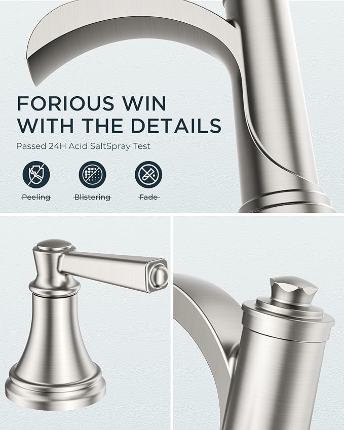 FORIOUS Brushed Nickel Bathroom Faucet Widespread 3 Hole for 6"-12" Sinks, 2 Handle 8" Waterfall Silver Bathroom Sink Faucet 3 Holes Vanity with Metal Drain Stopper and 22" Water Hoses