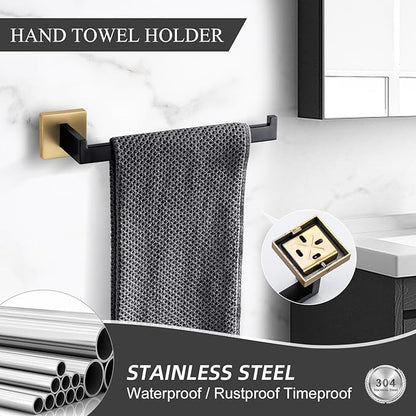 TURS 4-Piece Bathroom Hardware Set Brushed Gold and Black Towel Bar Set Include Towel Bar Hand Towel Holder Toilet Paper Holder with Shelf Robe Hook Stainless Steel Bathroom Accessories Sets