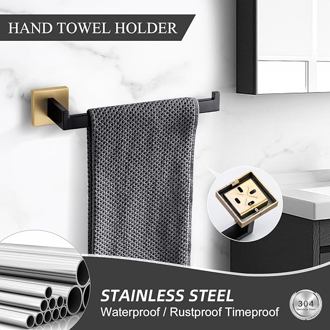TURS 4-Piece Bathroom Hardware Set Black and Brushed Gold Towel Bar Holder Set Stainless Steel Bathroom Accessory Set Wall Mounted