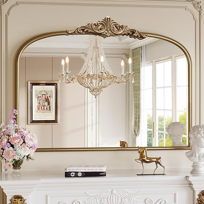 Arched Antique Gold Wall Mirror, 30" Lx40 W Vintage Bathroom Vanity Mirror Over Sink, Ornate Arched Brass Wide Large Wall Mirrors for Bedroom, Livingroom, Entryway (Retro Gold, 30" Lx40 W)