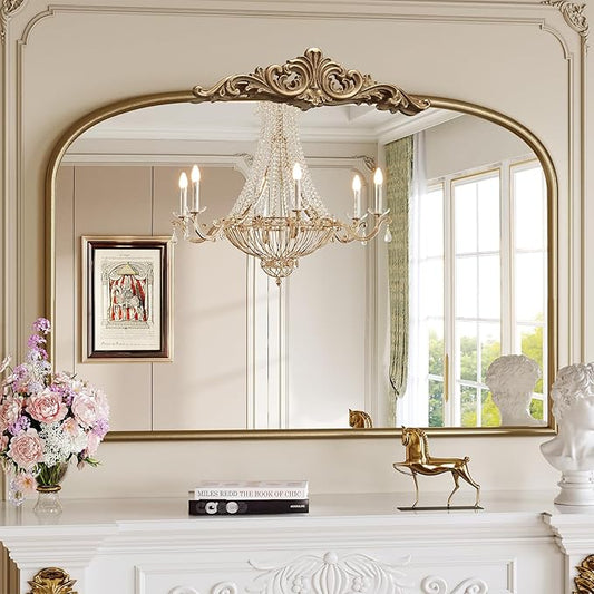Arched Antique Gold Wall Mirror, 30" Lx40 W Vintage Bathroom Vanity Mirror Over Sink, Ornate Arched Brass Wide Large Wall Mirrors for Bedroom, Livingroom, Entryway (Retro Gold, 30" Lx40 W)