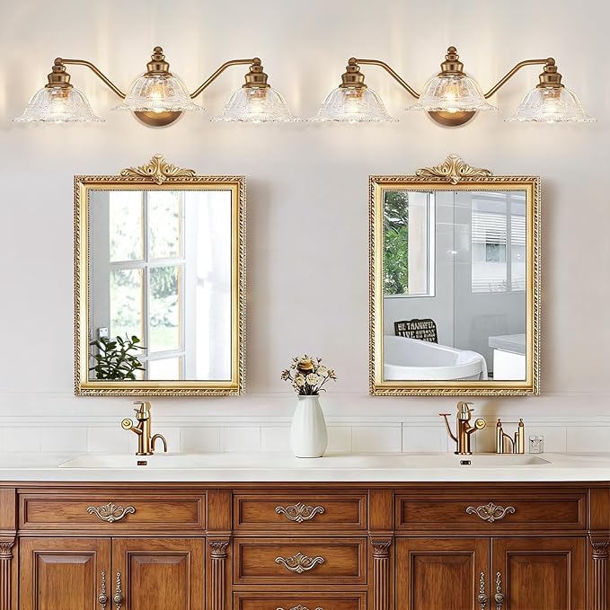 Redluck Vintage Bathroom Vanity Light Fixture, 3-Light Bathroom Lighting Fixtures Over Mirror, Antique Brass Finish with Crystal Glass Shade, Wall Sconces Lighting for Bedroom, Living Room, Hallway