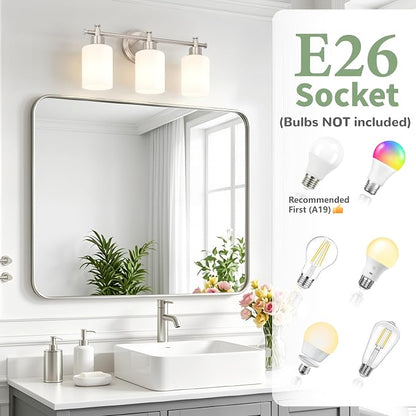 Brushed Nickel Bathroom Vanity Light, 3 Light Modern Wall Sconces, 17.5Inch | Anti-Rust Vanity Light Over Mirror, Vanity Light Fixture with White Frosted Glass Shades for Bathroom, Bedroom, E26 Socket