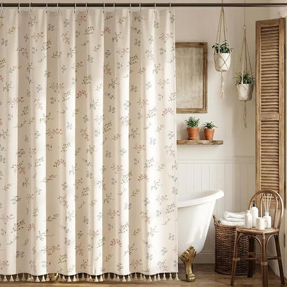 Farmhouse Floral Shower Curtain with 12 Clear Rings 72" W x 72" L | Boho Fabric Faux Linen Shower Curtain Set, Vintage Cottagecore Shower Curtain for Bathroom