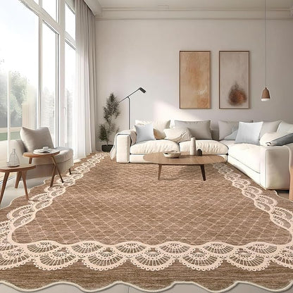 GarveeHome Washable Scalloped Rug 9x12 Area Rugs, Modern Neutral Living Room Rugs, Large Washable Farmhouse Carpet Abstract Bordered Carpet for Bedroom Apartment Table Dorm Nursery, Brown