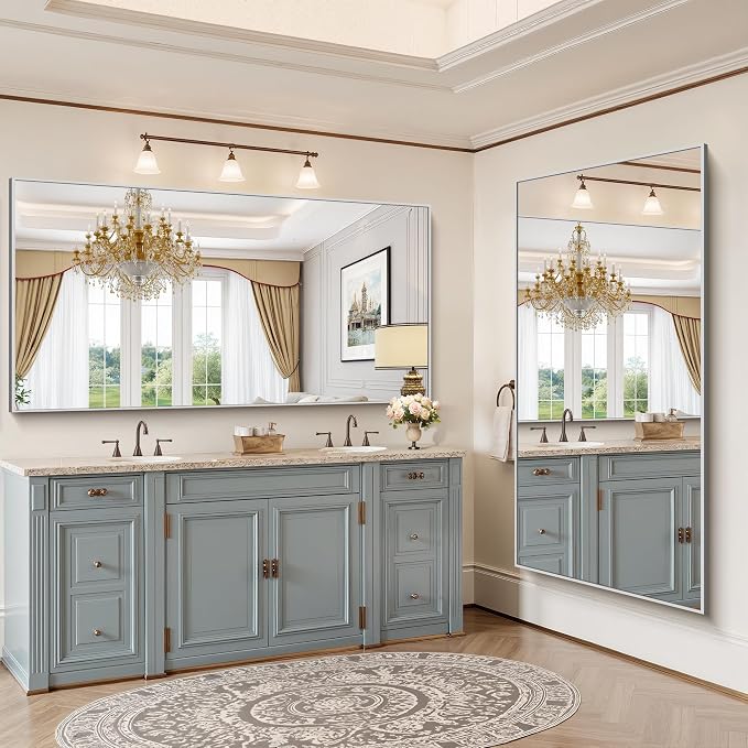 YIROMAN Bathroom Mirror 72"x36", Large Brushed Silver Bathroom Mirror for Over Sink with Aluminum Frame, Rectangular Vanity Mirror with Right Angle, Wall Mirror Hangs Horizontal or Vertical