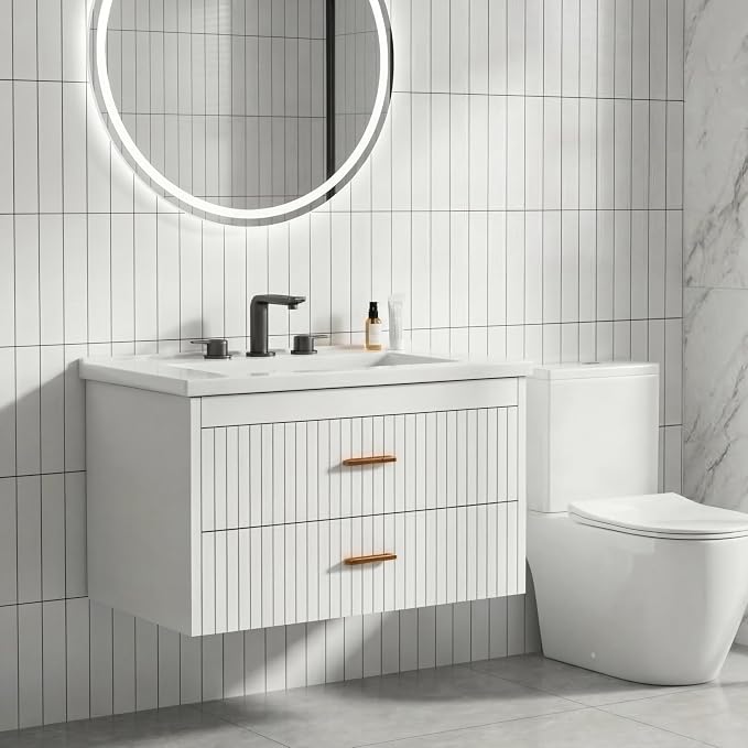 30 Inch Floating Bathroom Vanity with Sink - Modern Wall Mounted Vanity with Ceramic Sink, 2 Large Drawers, Waterproof & Easy Clean