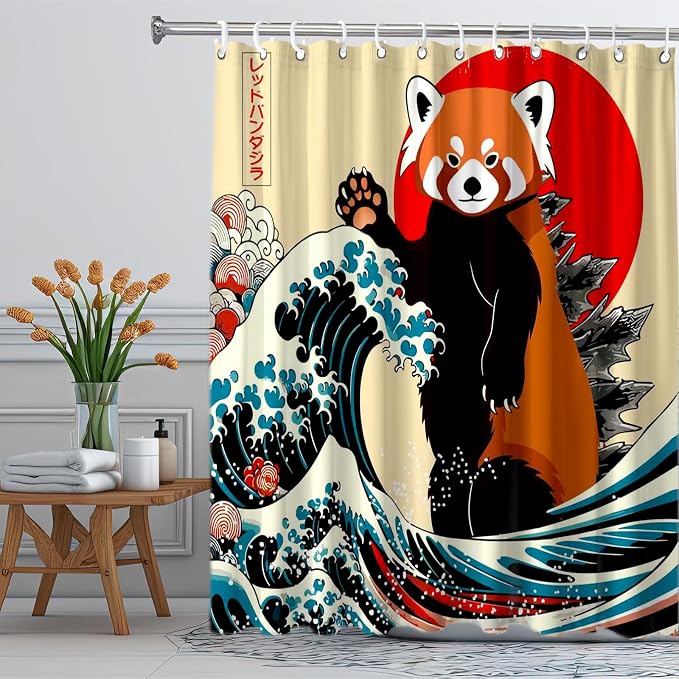 Funny Cute Red Panda Shower Curtain, Japan Animal Ocean Sea Wave Fabric Shower Curtains Set, Japanese Art Shower Curtains with Hooks, Kids Bathroom Art 72x72inch