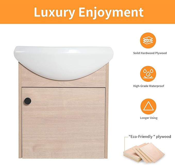 18" Bathroom Vanity with Sink for Small Space, Floating Mordern Bathroom Vanity with Soft Close Door, Bathroom Sink Vanity Combo,Wall Mounted Bathroom Vanities