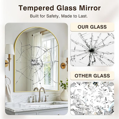 Arched Bathroom Vanity Mirror for Over Sink, 38”x26”, Gold | HD Tempered Glass, Anti-Rust Metal Frame, Hanging or Leaning, Wall Mirrors for Bathroom Sink, Bedroom, Living Room, Entryway