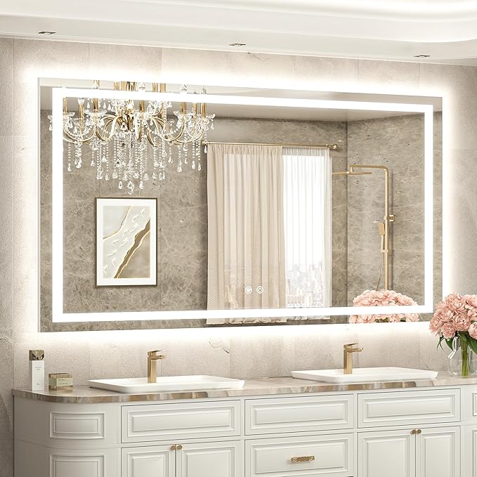 TETOTE 60 x 36 LED Lighted Bathroom Mirror with Lights Wall Mounted, Brighter Front and Backlit Light up Mirror, 3-Color Dimmable Lighted Anti Fog Mirror, Waterproof, Shatterproof Tempered Glass