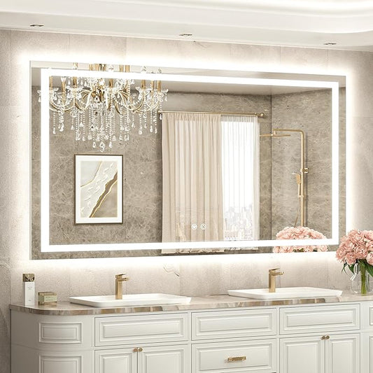 TETOTE 60 x 36 LED Lighted Bathroom Mirror with Lights Wall Mounted, Brighter Front and Backlit Light up Mirror, 3-Color Dimmable Lighted Anti Fog Mirror, Waterproof, Shatterproof Tempered Glass