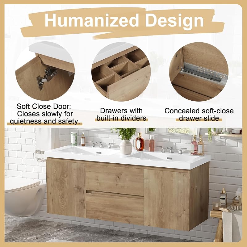 Modern Floating Natural Bathroom Vanity 60 Inch with Dual Sink, SMC Sink Top and Divided Drawers, Elegant Storage Cabinet with No Handle Design and Soft Close Doors for Large Bathrooms