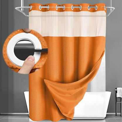 No Hook Shower Curtain and Liner Set,Orange Hotel Waffle Shower Curtain with Liner 75" L x 72" W