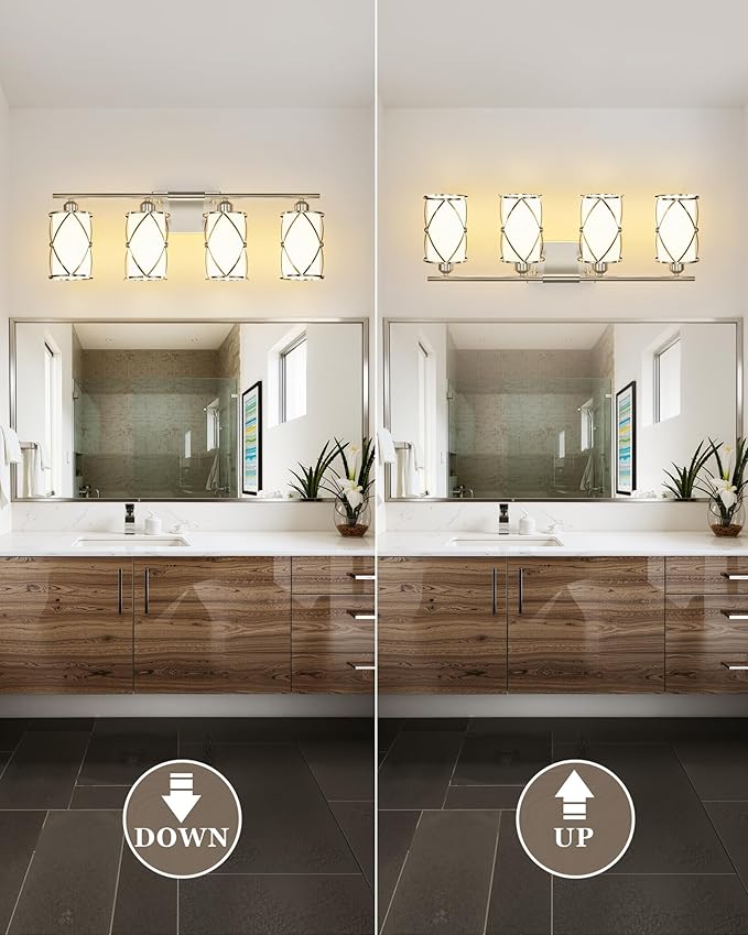4-Light Brushed Nickel Bathroom Light Fixtures with Milk Frosted Glass, 29" Modern Bathroom Vanity Lighting Fixtures Over Mirror with Metal Cage, Wall Sconce Lights for Bath, E26, CH9176BNW-4W